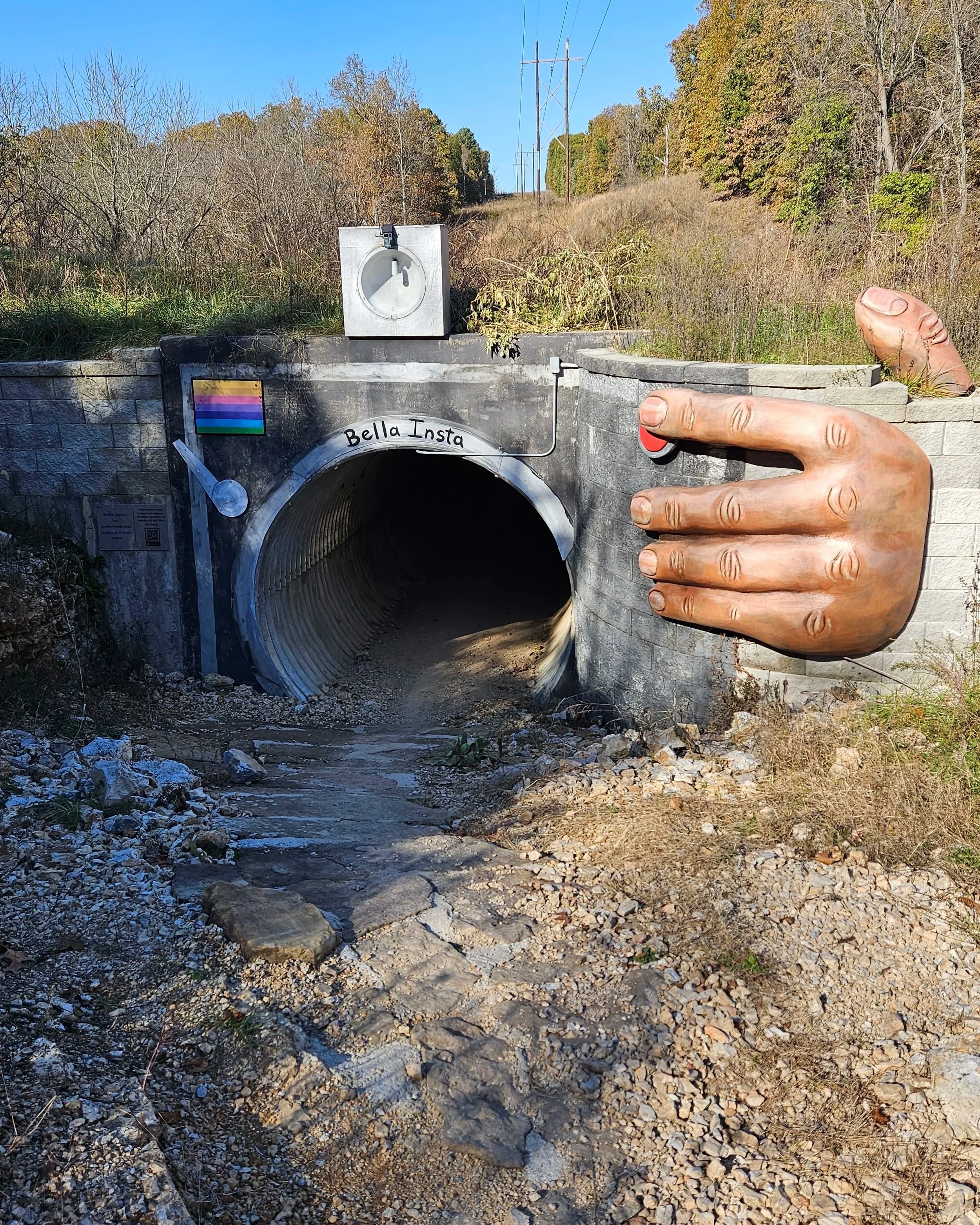 One of the tunnels that are part of the Tunnel Vision Trail in Bella Vista. This unique tunnel features a hand that is as large as the entrance to the tunnel used by many mountain bikers on that trail.