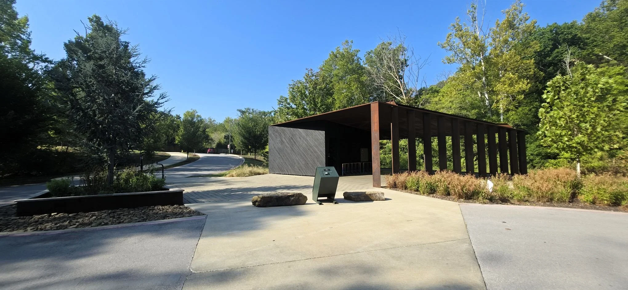An image of the Pavilion at the South Parking lot of Coler MTB Preserve in Bentonville Arkanasas