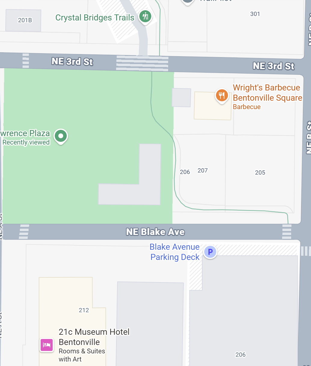 Map showing NE 3rd Street and NE Blake Avenue with local landmarks including Lawrence Plaza, Wright's Barbecue at Bentonville Square, Blake Avenue Parking Deck, and 21c Museum Hotel Bentonville.