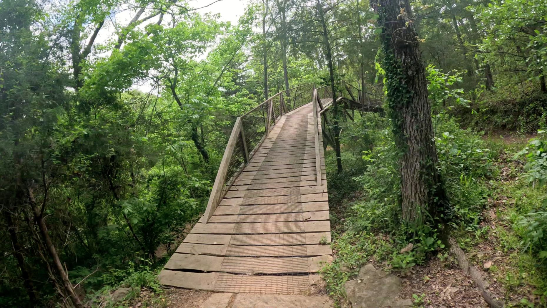 The wooden bridge on Family Flow that takes riders over another trail named Esther's Loop.