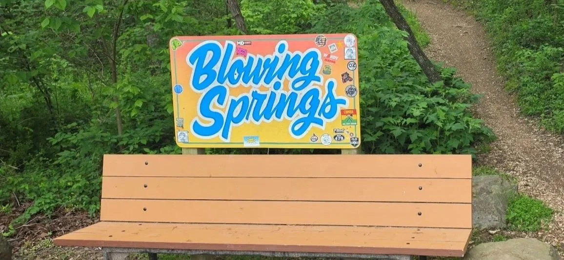 Bench with a colorful sign reading "Blowing Springs" in a lush green park setting.