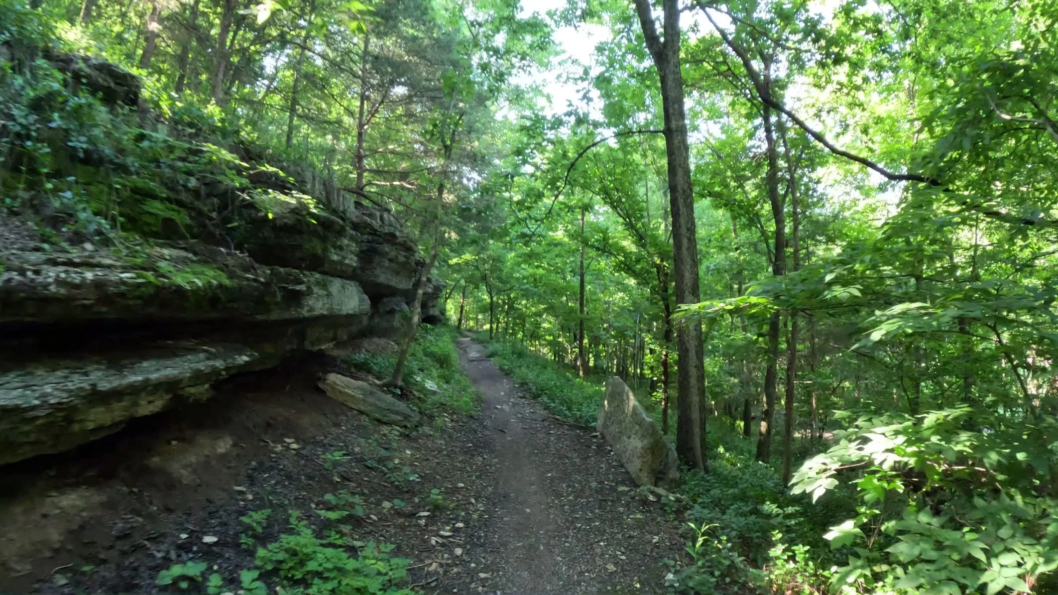 At the beginning of Sally Trail it follows at the bottom of some Arkansas Rock Bluff