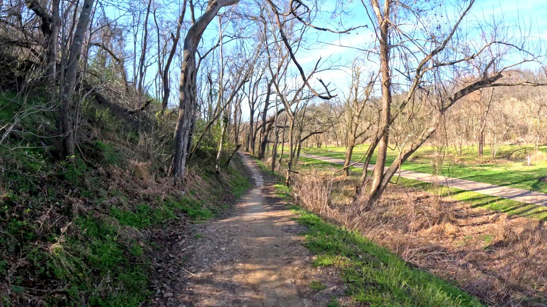 A picture of the singletrack portion of All American as it parallels the Razorback Greenway along side the hill in Slaughter Pen