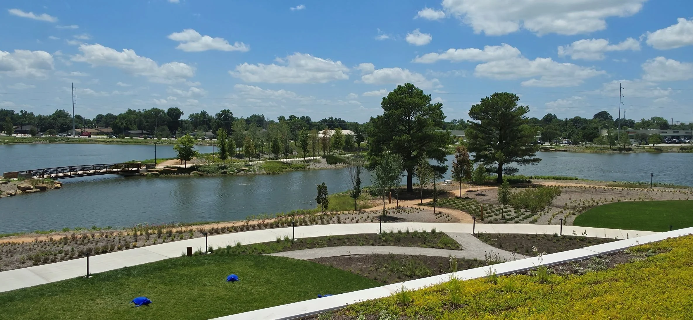 A view from a top the Onyx Coffee Building as it overlooks the South Lake Trail System and the various trails