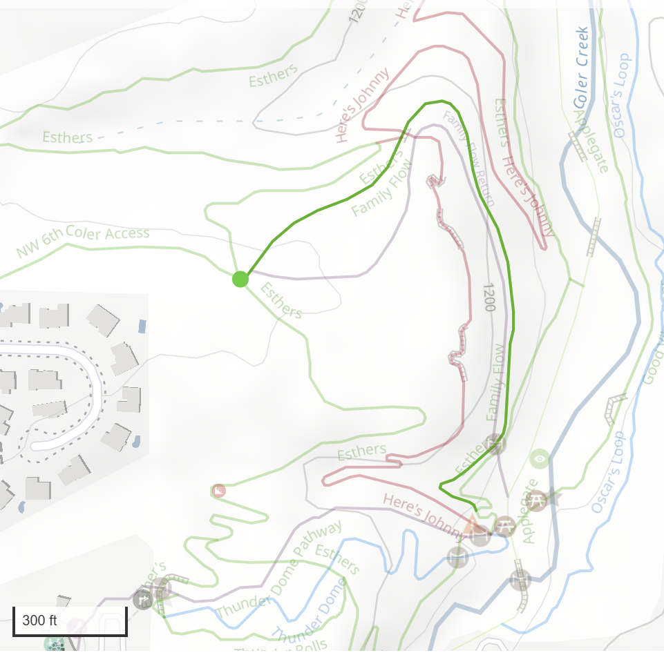 Map showing a trail route in a park, marked in green, passing through wooded areas and near a creek, with nearby residential area and contour lines indicating elevation.