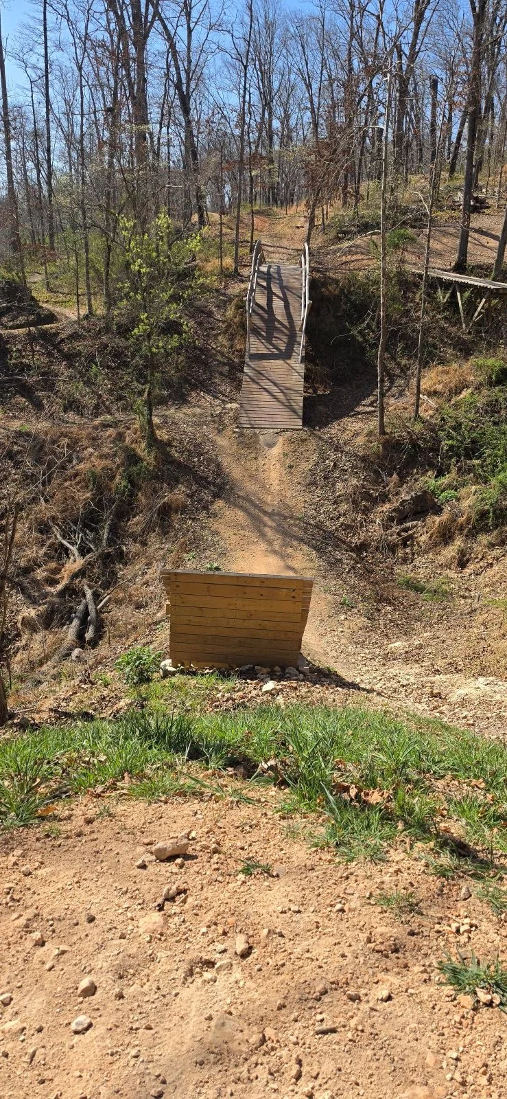 A view of both ramps going into and out of Cleared for Takeoff taken from the landing zone approximately 30 ft away from the launching point in Coler MTB Preserve