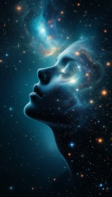 A human face outlined against a background of stars and galaxies, creating a cosmic or space-themed portrait.