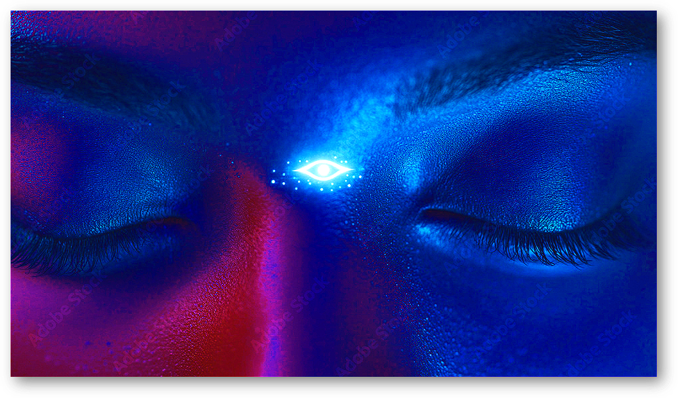 Close-up of a person's face with their eyes closed, illuminated by blue and red lighting, and a glowing eye symbol in the center of the forehead.