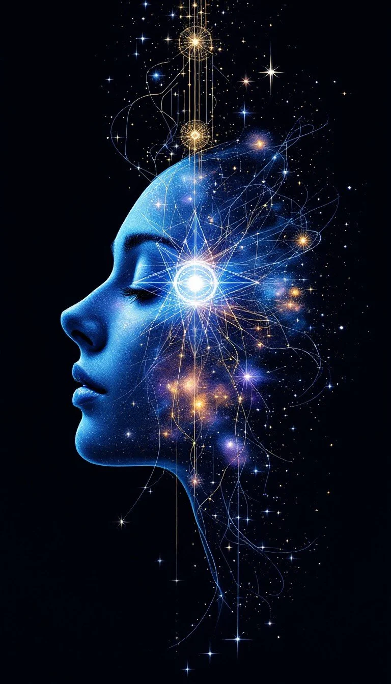 Digital artwork of a woman with a blue face profile, closed eyes, surrounded by glowing interconnected lines, stars, and light orbs representing a cosmic and neural network concept.