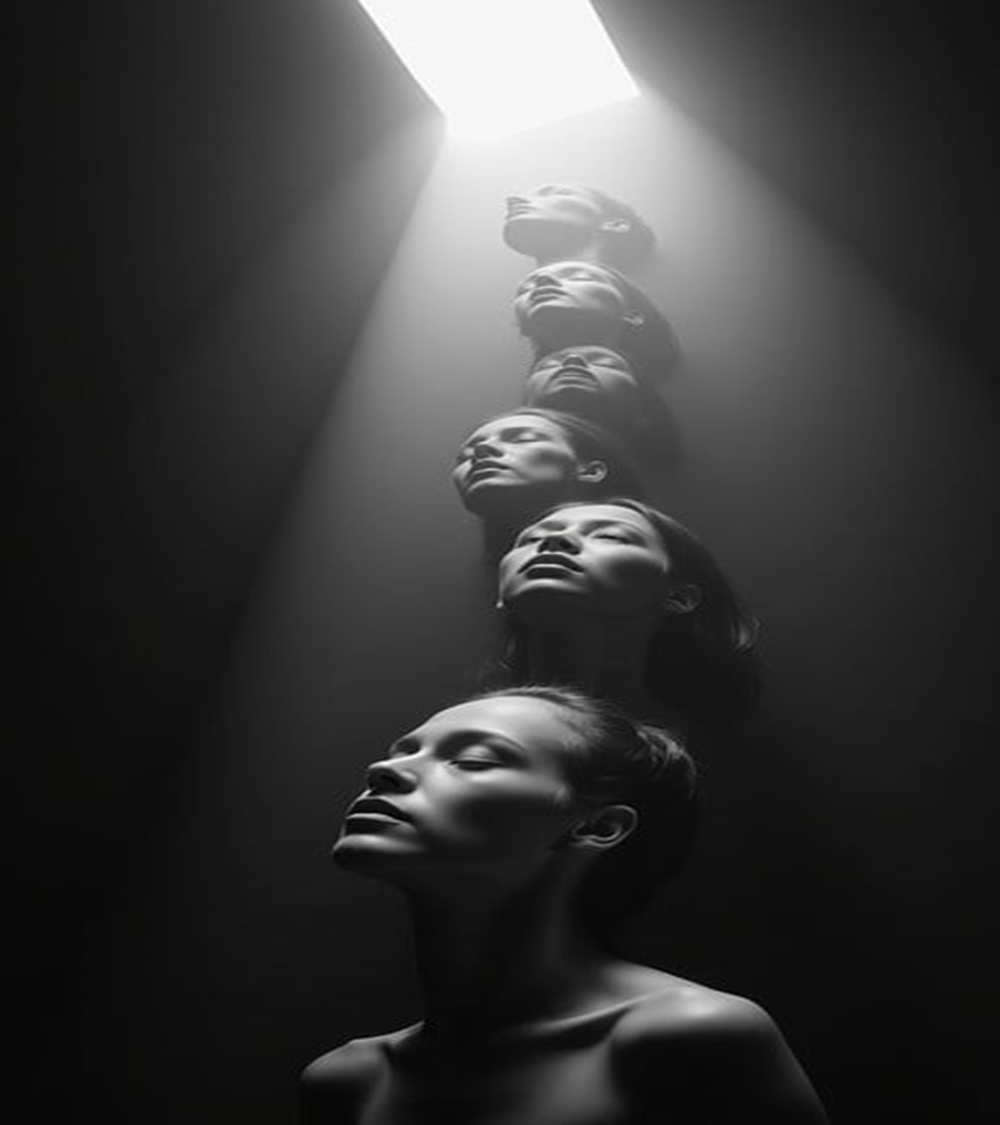 A black and white photograph of six women with their eyes closed, stacked vertically in a dark space, with light coming from above.
