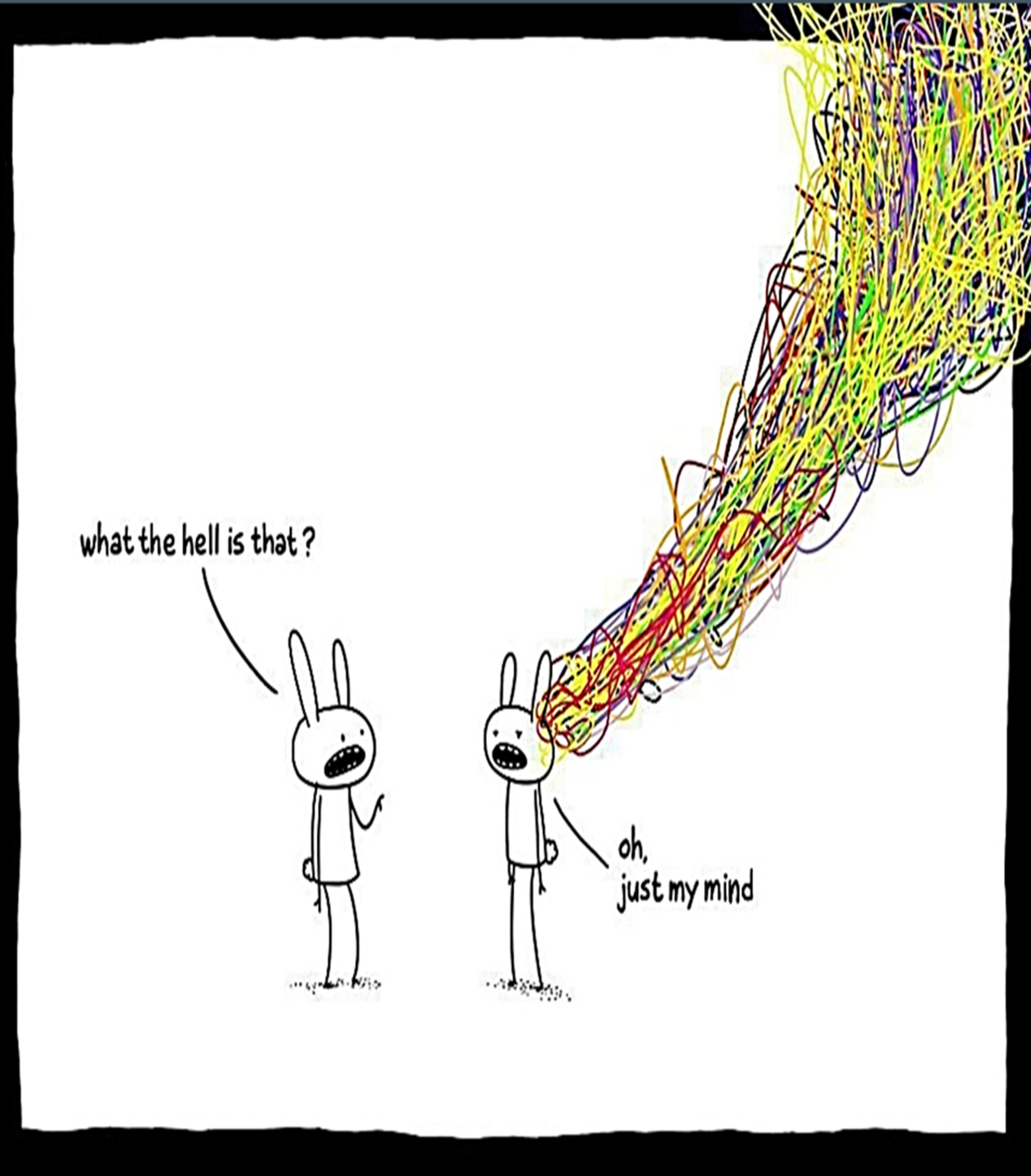 Two cartoon rabbits having a conversation. One rabbit asks, 'what the hell is that?' while looking at a chaotic, multicolored scribble. The other rabbit responds, 'oh, just my mind.'