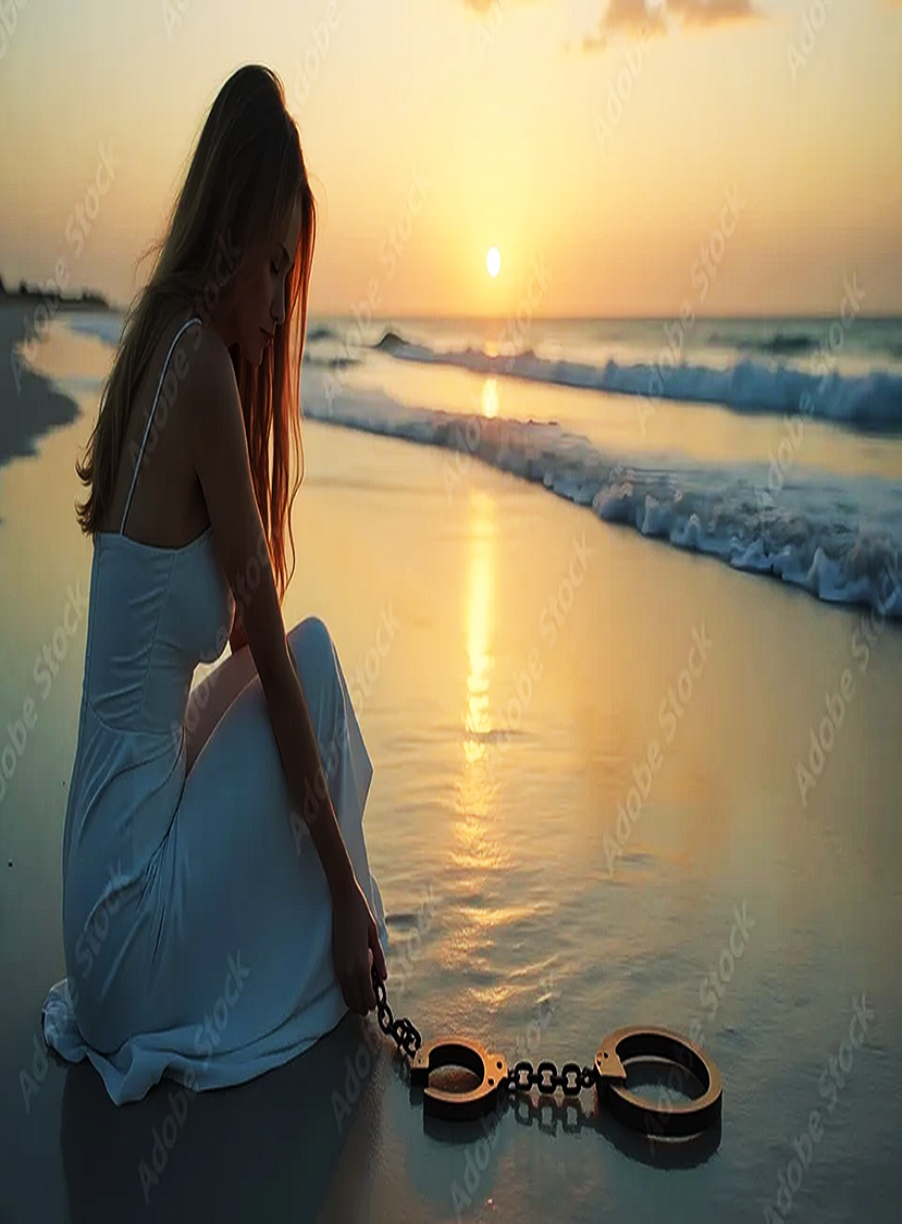 A woman in a white dress sitting on a beach at sunset, holding handcuffs chained to her wrist.
