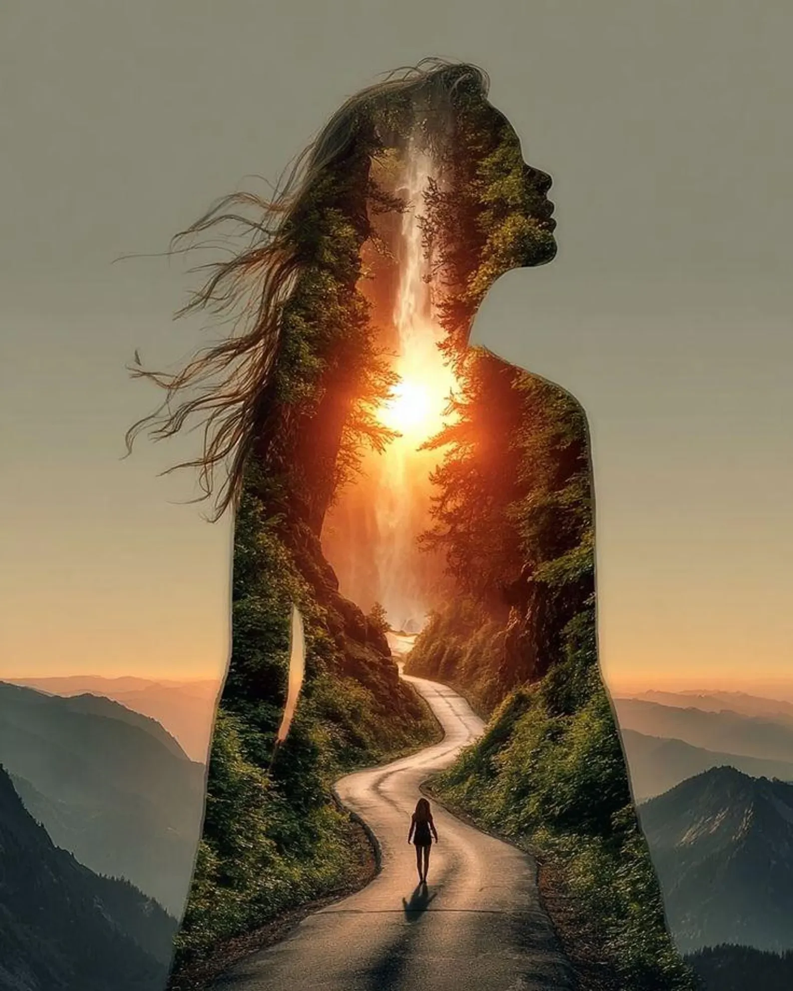 A woman with long hair standing on a winding mountain road with trees on both sides; the scene is overlaid with a silhouette of a woman's face and upper body, blending into a landscape with a sunset or sunrise.