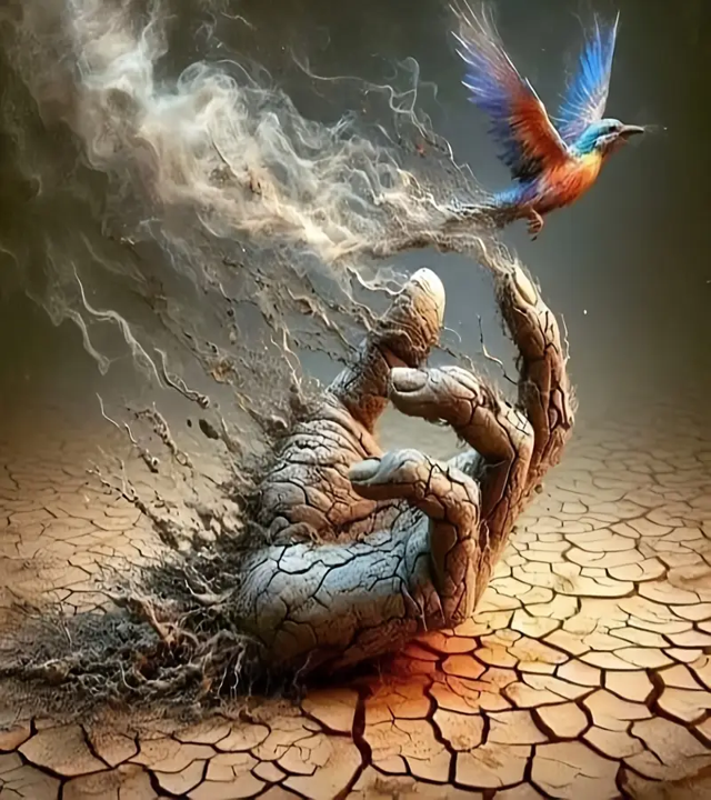 A surreal illustration of a large, cracked dry earth landscape with a gigantic, weathered hand emerging from the ground, holding a vibrant, colorful bird flying upward, with clouds of dust and smoke surrounding the scene.