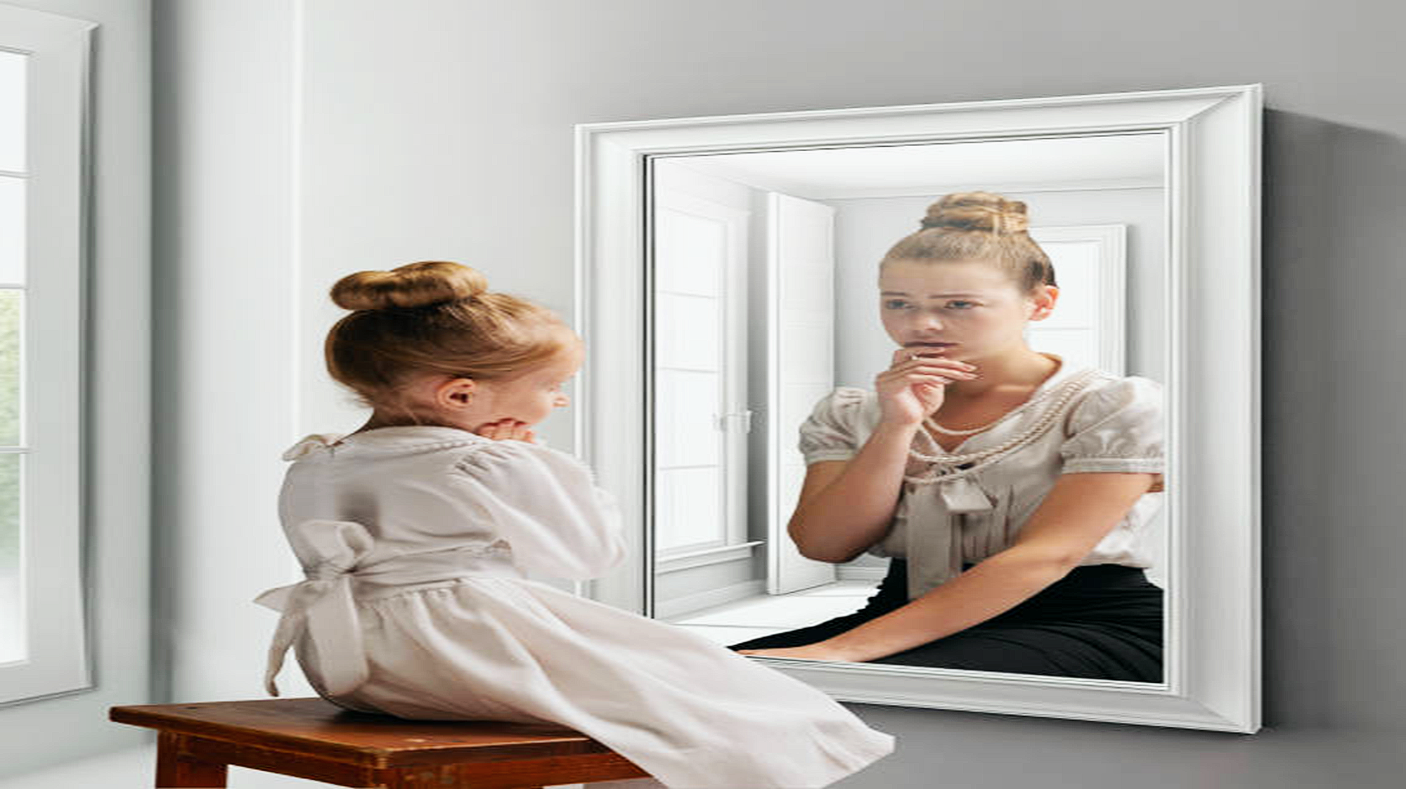 A young girl looking into a mirror reflects her image at an older age, showing her with a contemplative expression and hand on chin. The background shows a bright interior with windowed walls.