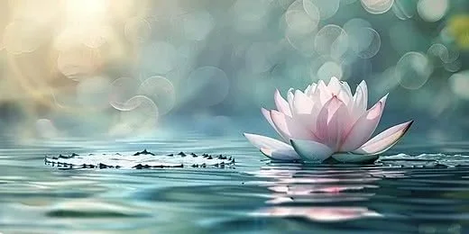 A pink lotus flower floating on water with a blurred background of light and bokeh effects.