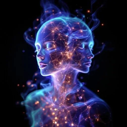 Double exposure digital art of two human heads with interconnected neural network patterns and glowing lights.