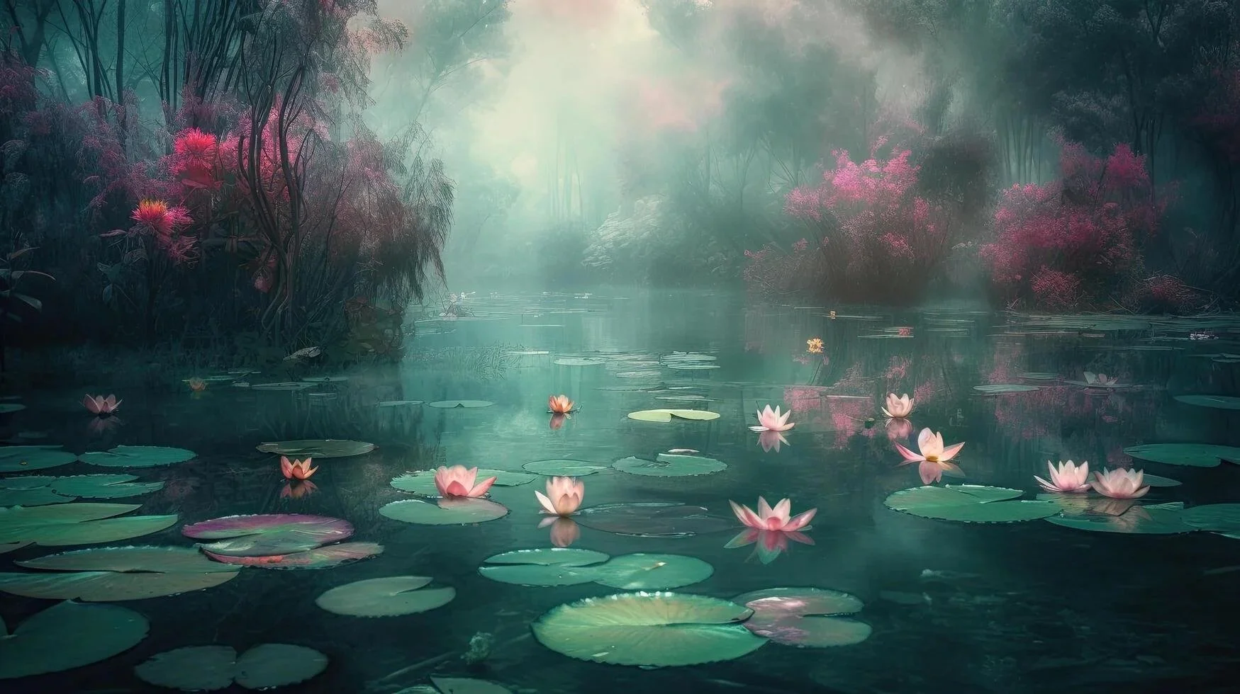 A tranquil pond with floating pink water lilies and lily pads, surrounded by lush trees with pink and purple foliage, under a soft, misty light.