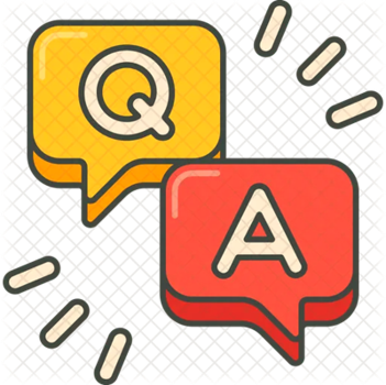 Illustration of two speech bubbles, one with a 'Q' for question in yellow and another with an 'A' for answer in red, surrounded by abstract lines and shapes.