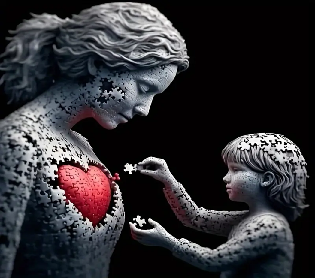 A statue of a woman with a missing chest piece, revealing a glowing red puzzle heart, being fitted with a puzzle piece by a young girl.