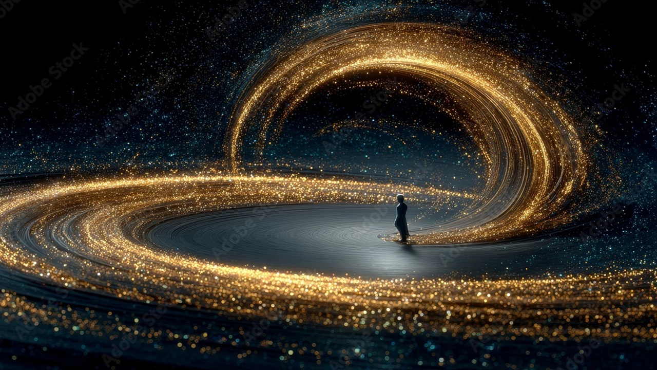 A person in a dark suit standing on a circular platform with glowing golden swirls and sparkles creating a cosmic or tunnel-like effect around them.