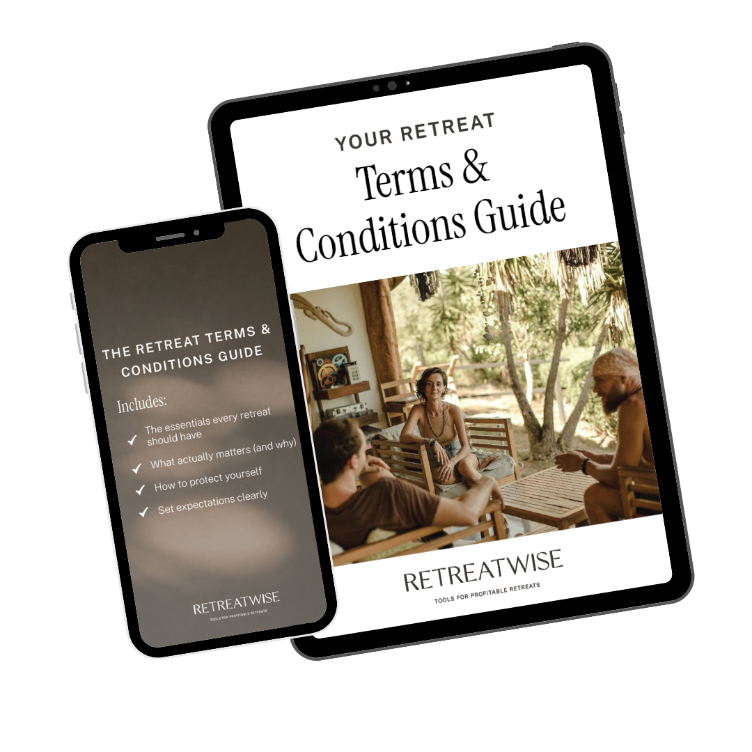 A tablet and a smartphone displaying a retreat terms and conditions guide, with a woman sitting outside on a porch and two men sitting at a table, in a lush outdoor setting.