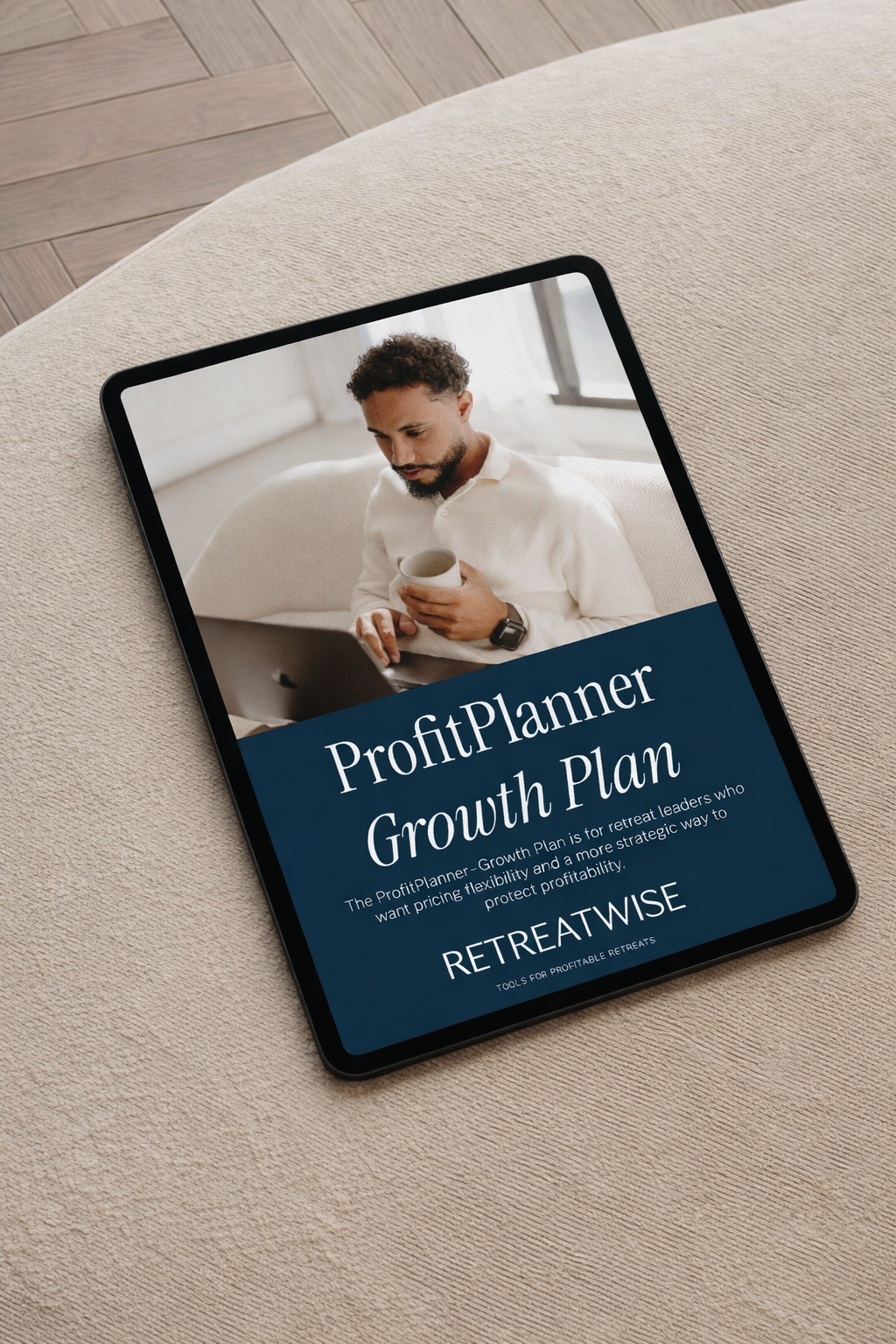 Tablet displaying a ebook or presentation titled 'ProfitPlanner Growth Plan' with a man holding a coffee mug in a bright room.