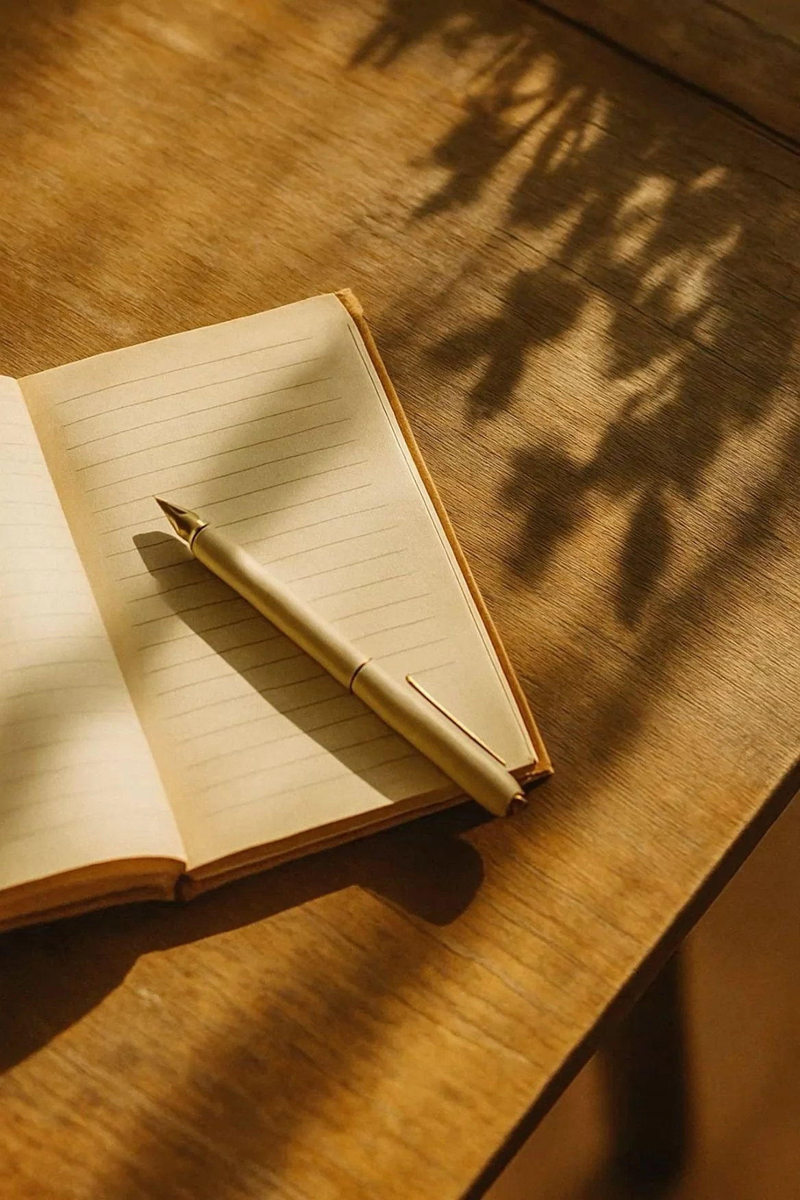 Open blank notebook with lines and gold pen resting on it, placed on a wooden table, with shadows cast on the surface.
