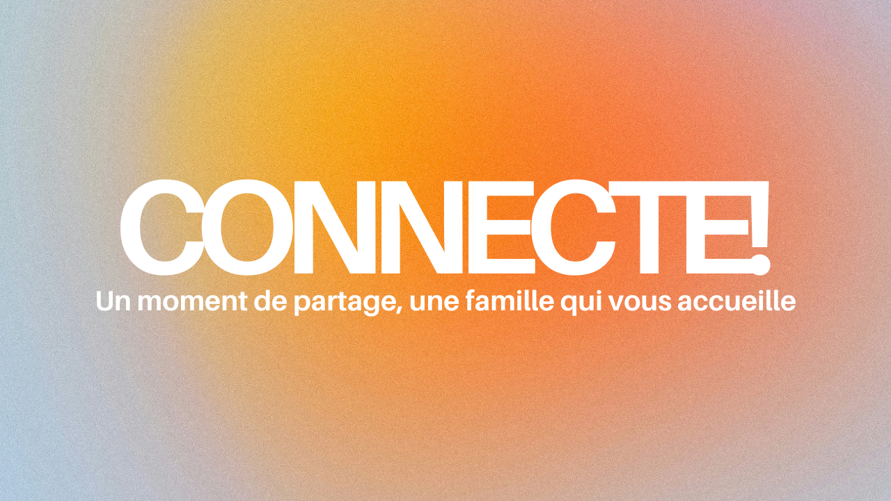 Texte indiquant « CONNECTÉ » avec un fond dégradé de couleurs chaudes et une phrase « Un moment de partage, une famille qui vous accueille ».