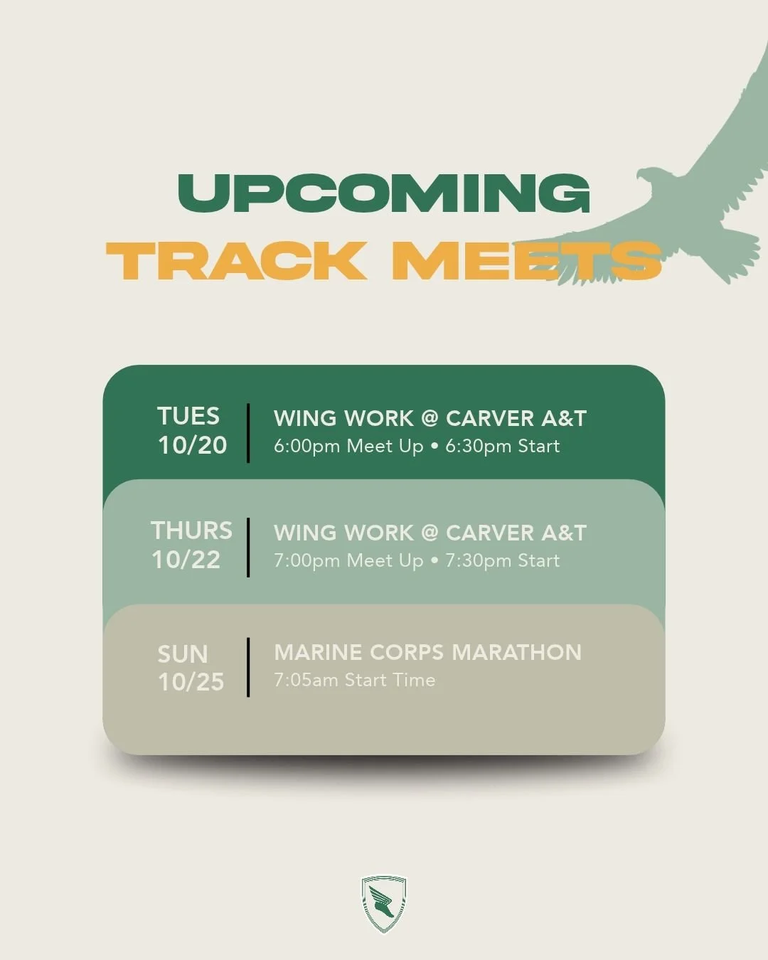 We're getting right this week before the Marine Corps Marathon this weekend! Meet us in the track @ Carver 💃🕺