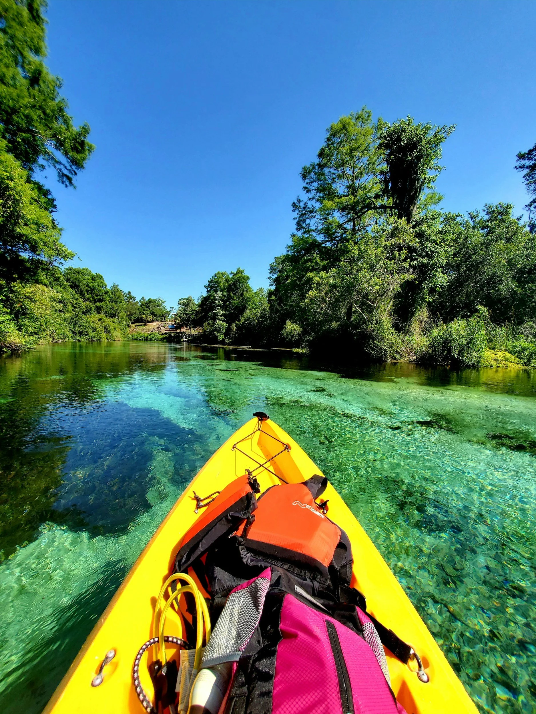 View from a yellow kayak on a clear river with lush green trees on both sides under a bright blue sky.