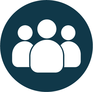 Icon of four people silhouettes inside a dark blue circle.