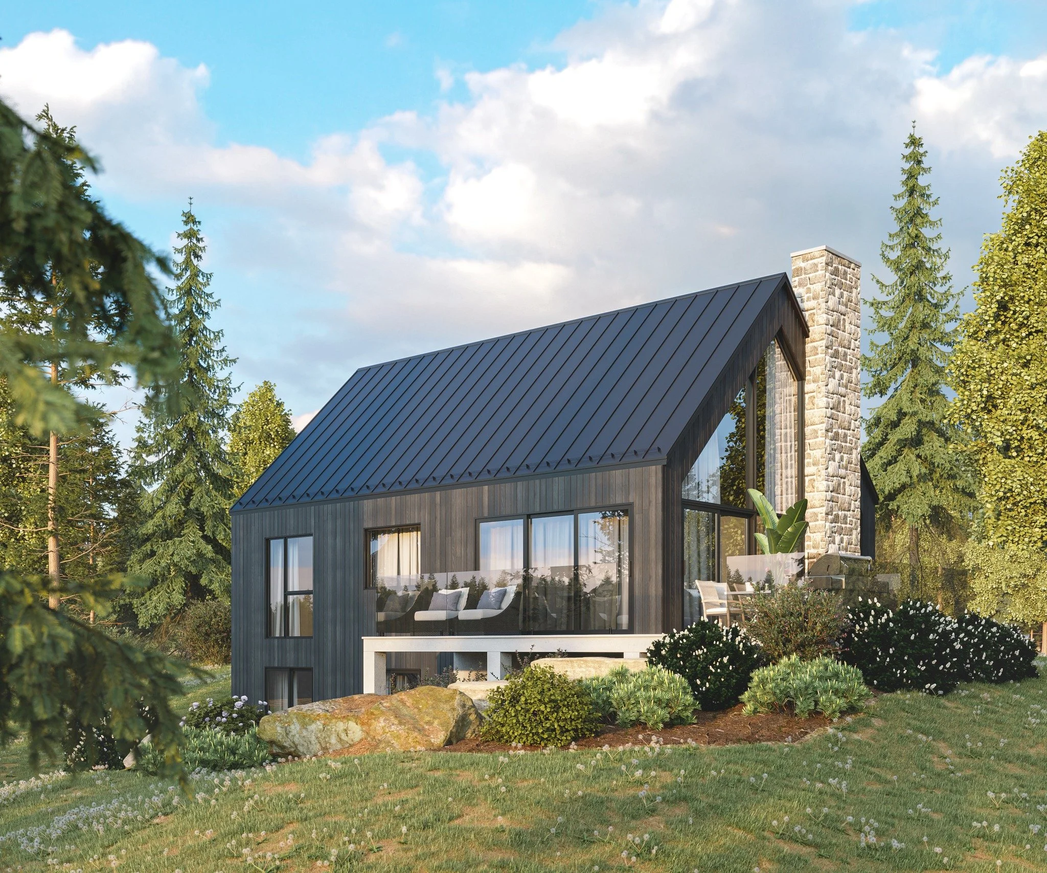 Modern black house with large glass windows, stone chimney, surrounded by green plants and trees, under a partly cloudy sky.