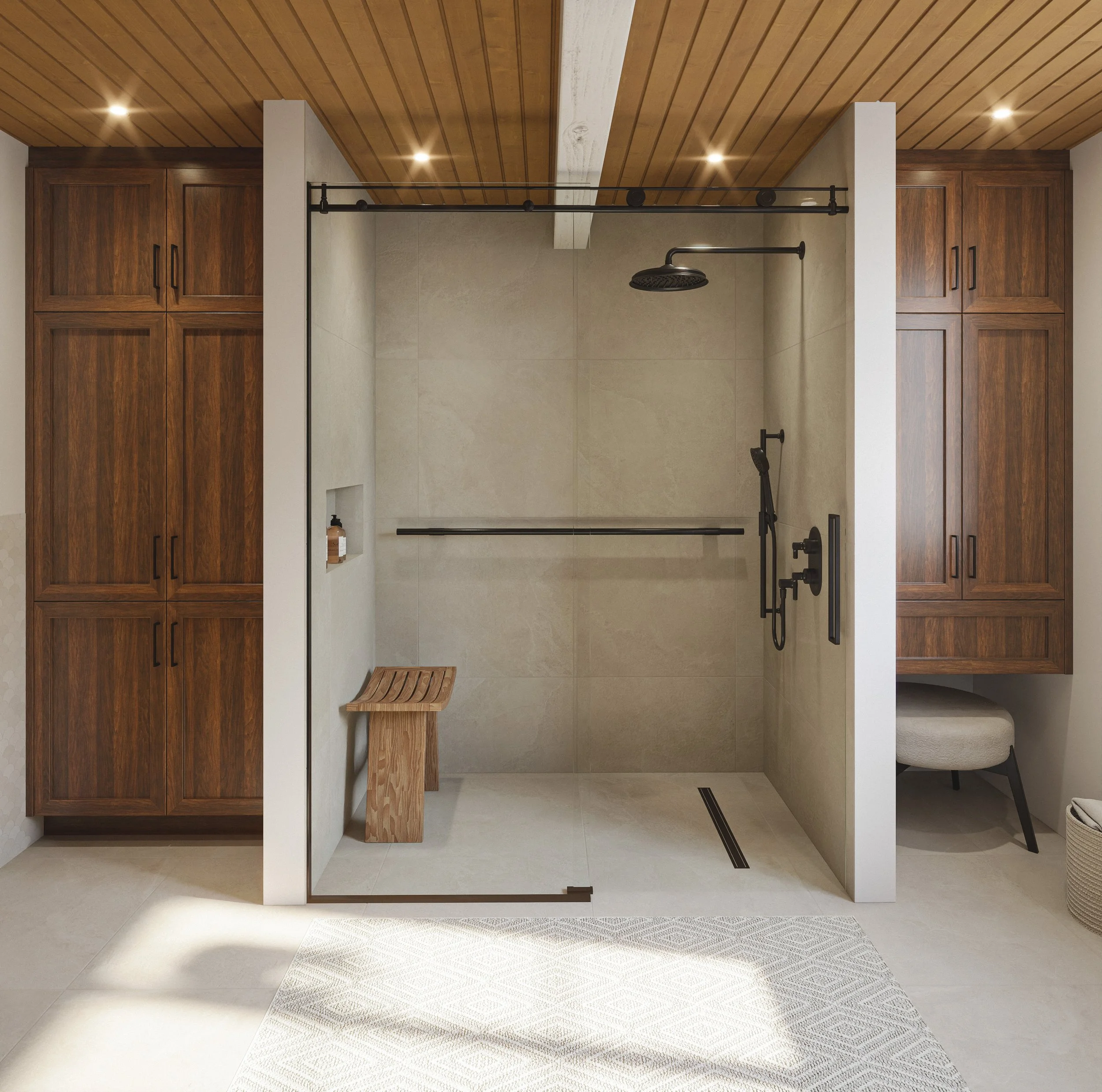 Modern walk-in shower with beige tiles, black fixtures, wooden cabinets, a wooden bench, and a light-colored rug outside.