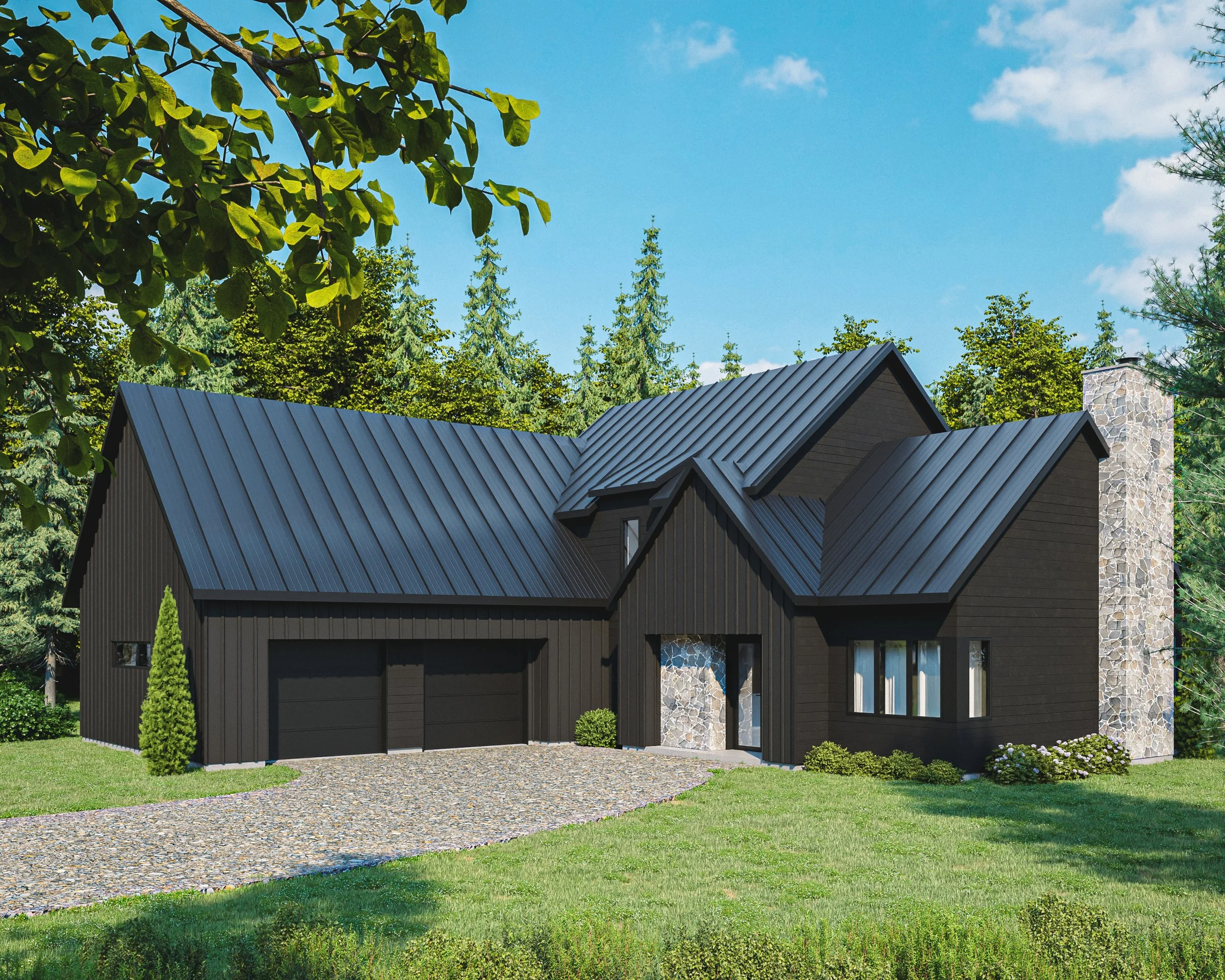 A modern black house with a stone chimney, surrounded by green grass and trees under a blue sky.