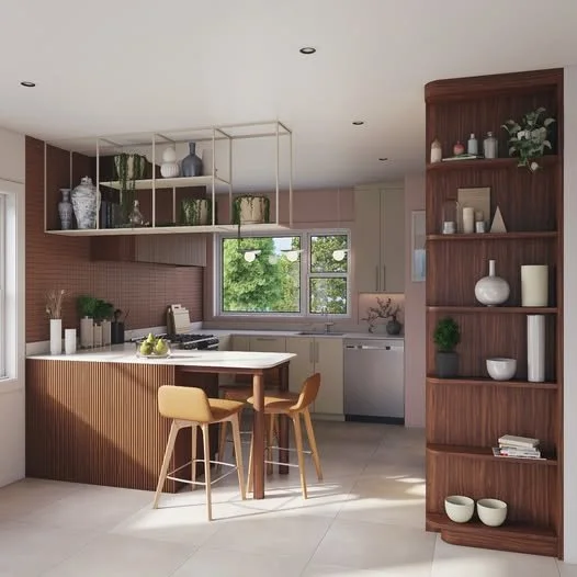 Modern kitchen with a wooden island, two bar stools, open shelves with decorative items, and a window with greenery outside.