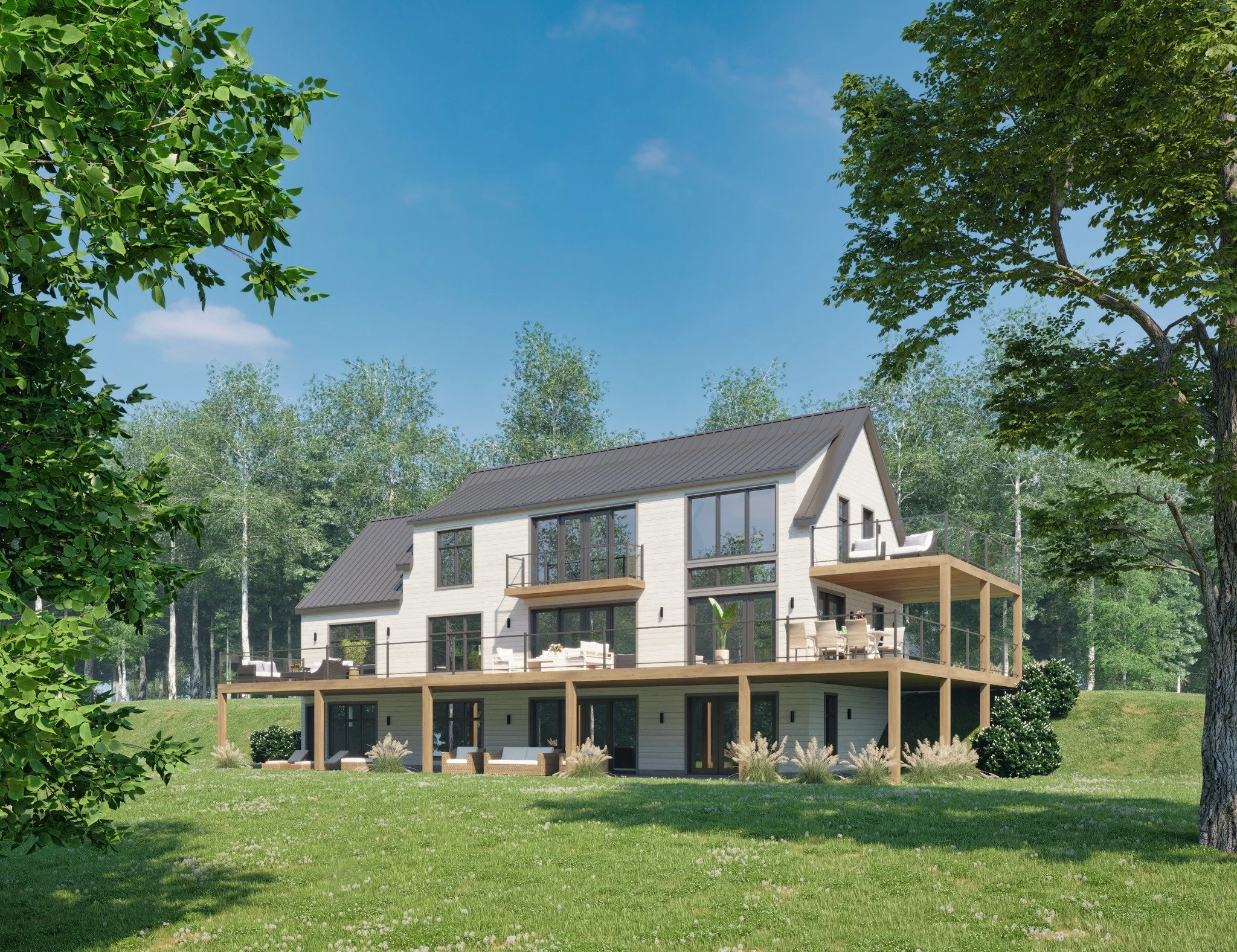 A modern multi-story house with large windows and balconies, surrounded by green trees and grass under a clear blue sky.