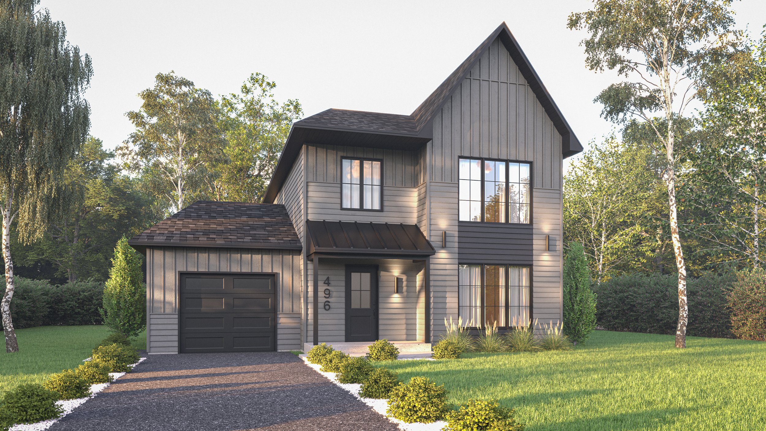 Modern two-story house with gray exterior, black garage door, front door, large windows, surrounded by green lawn, bushes, trees, and a graduation cap in the background.