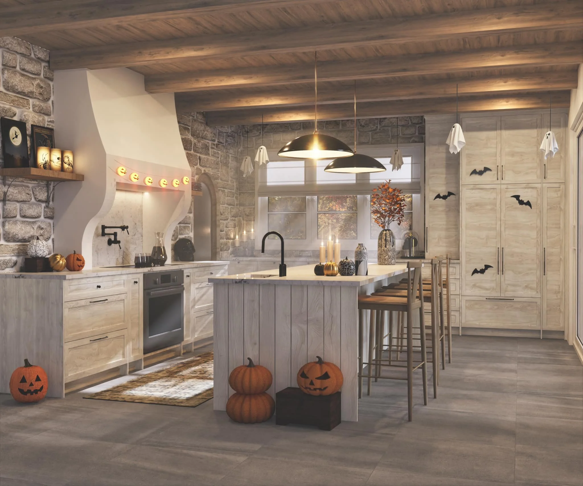 A rustic kitchen decorated for Halloween with pumpkins, bats on the wall, and ghost-shaped dish towels hanging from the ceiling.