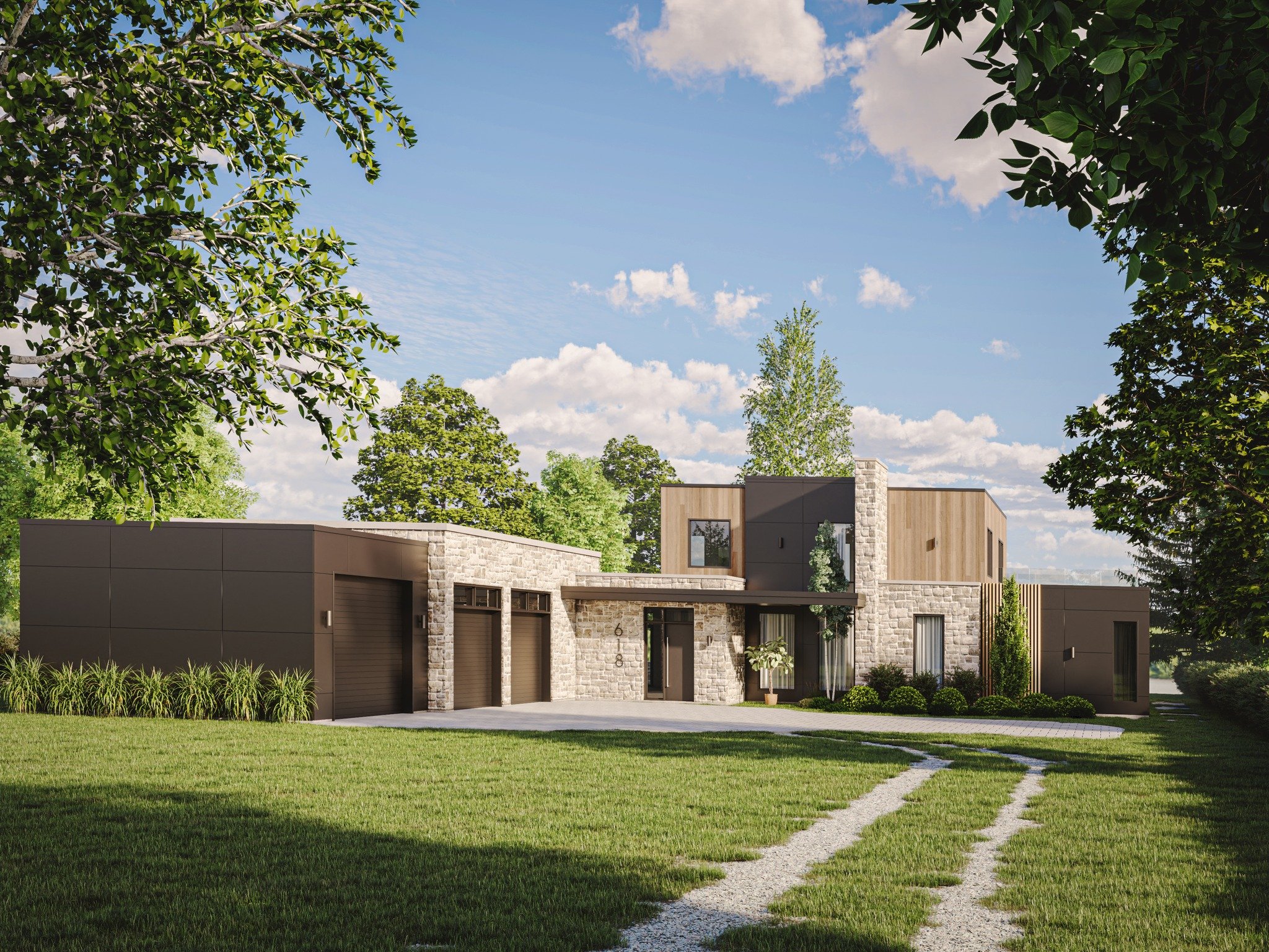 Modern house with stone and wood exterior, attached garage, surrounded by green lawn and trees, under a blue sky with scattered clouds.
