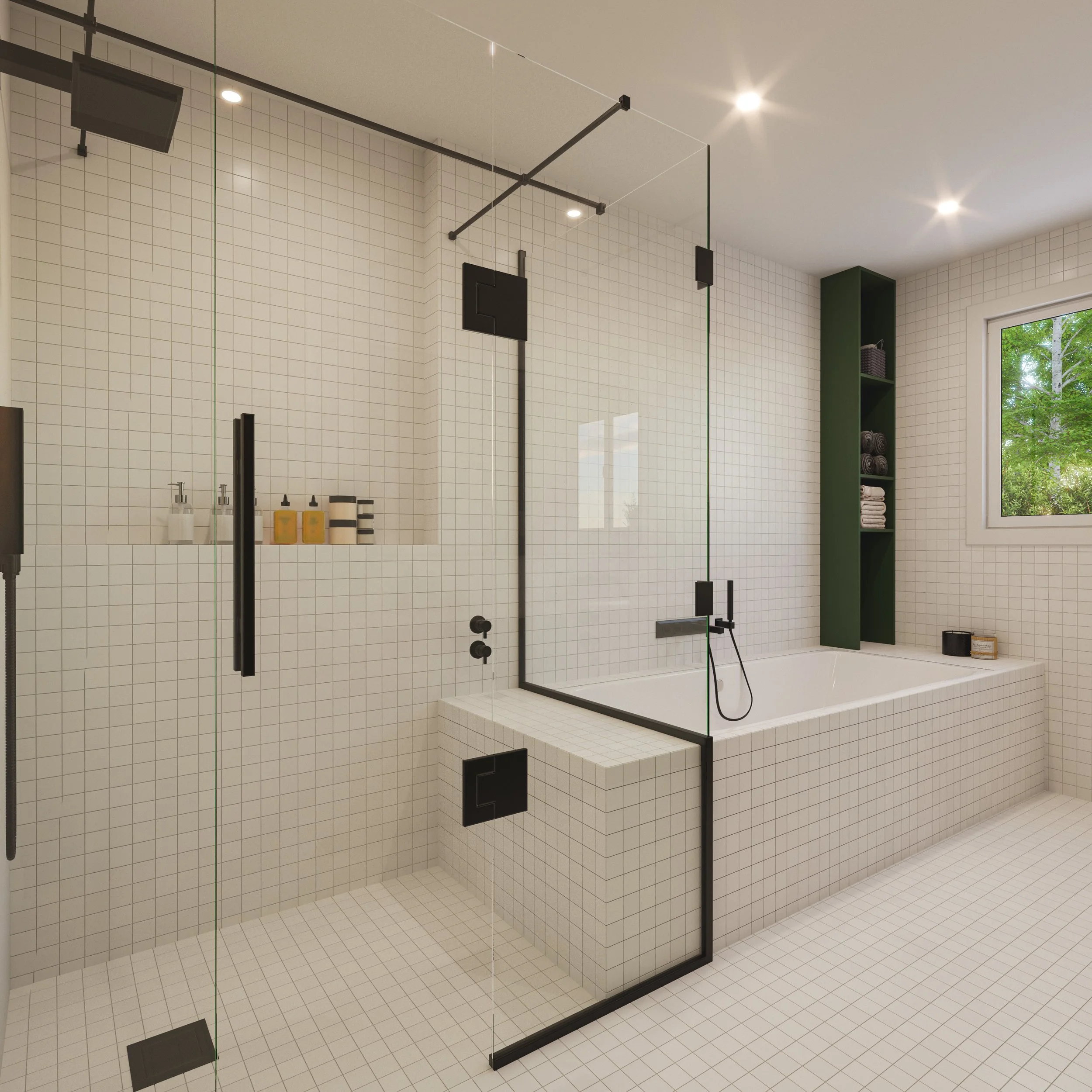 Modern bathroom with a glass-enclosed shower area and a bathtub, white tiled walls and floor, a window with a view of trees, and a green built-in shelving unit with towels and baskets.