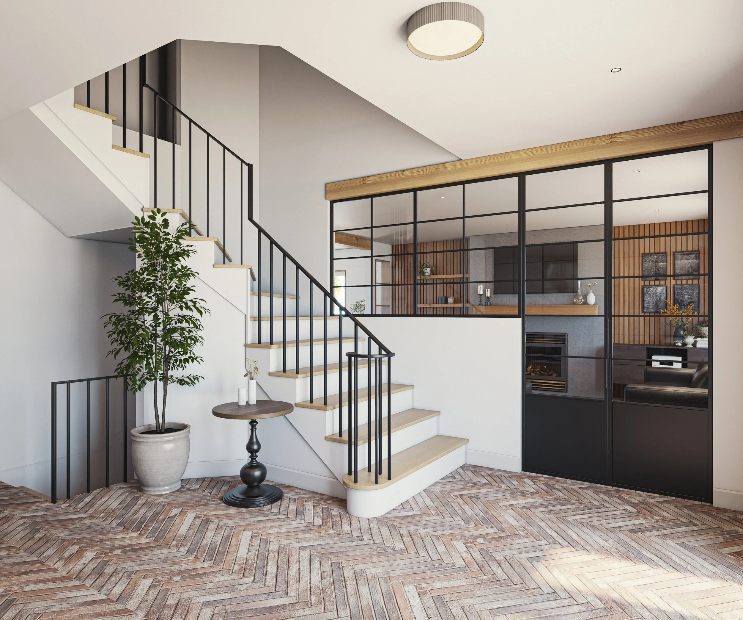 Modern interior with wooden stairs, black railings, a potted plant, and a glass partition revealing a living room with a fireplace and wall art.