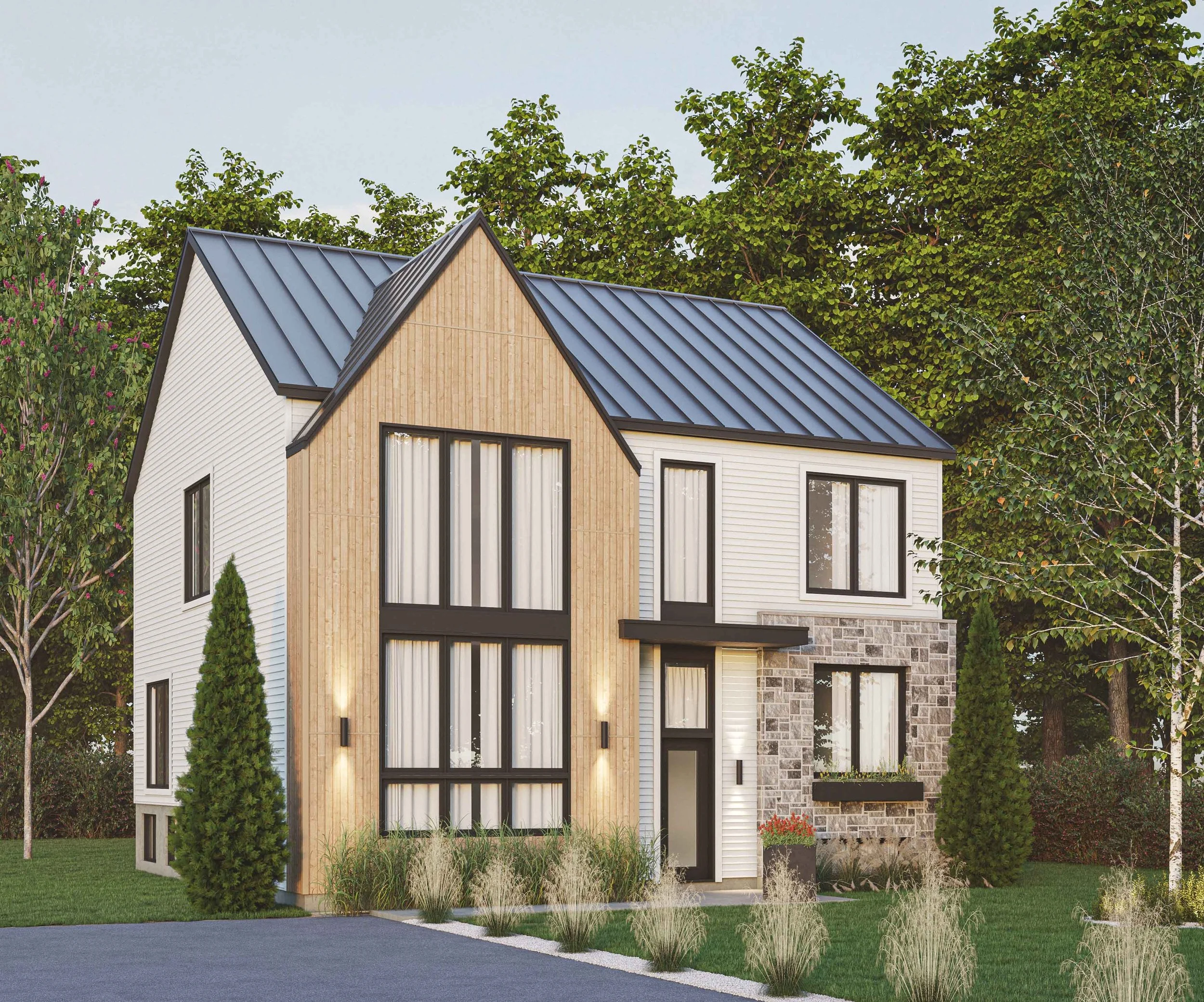 Modern two-story house with mixed exterior materials including wood, stone, and white siding, surrounded by trees and lawn.