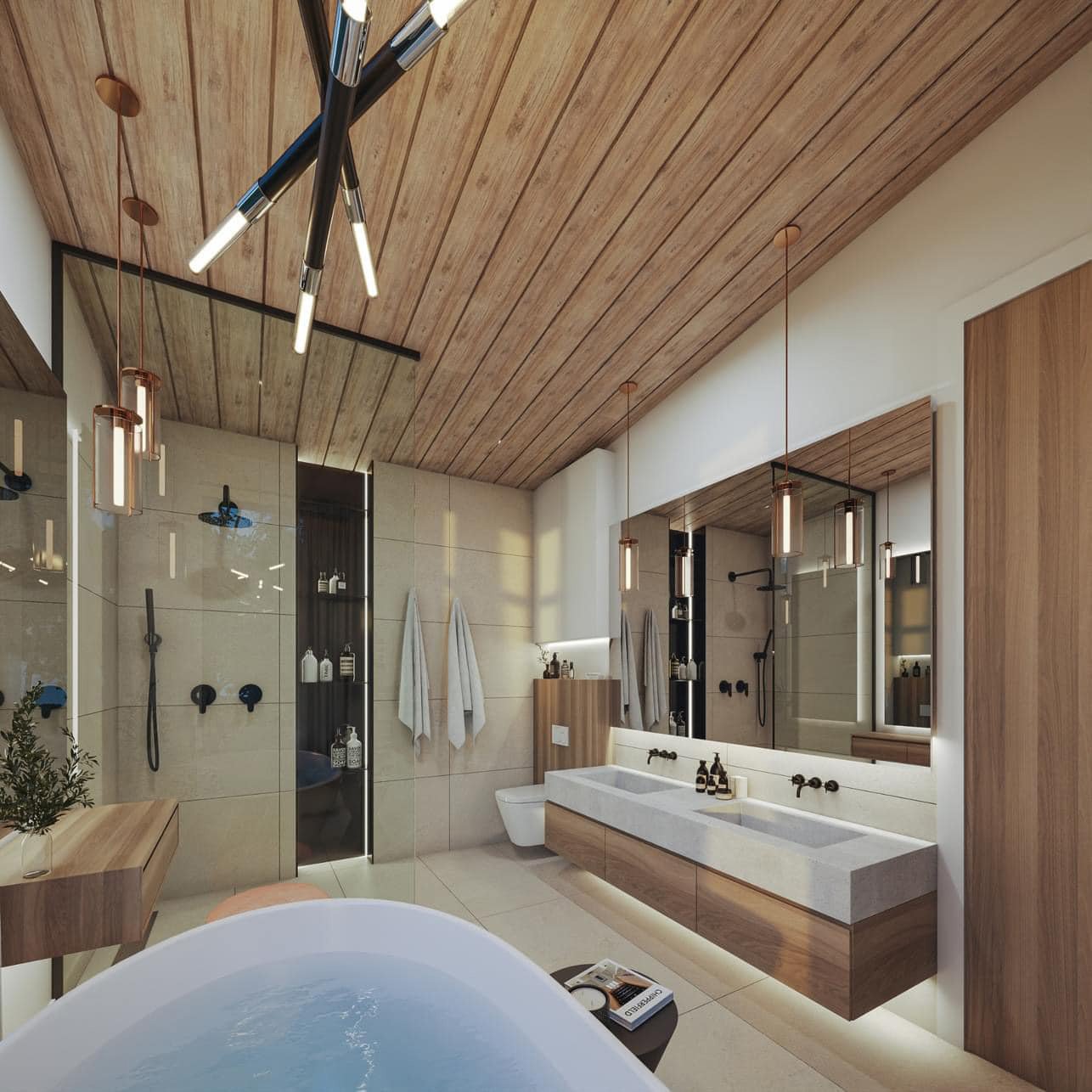 Modern bathroom with wooden ceiling, large mirror, double sink vanity, walk-in shower, and a soaking tub in the foreground.