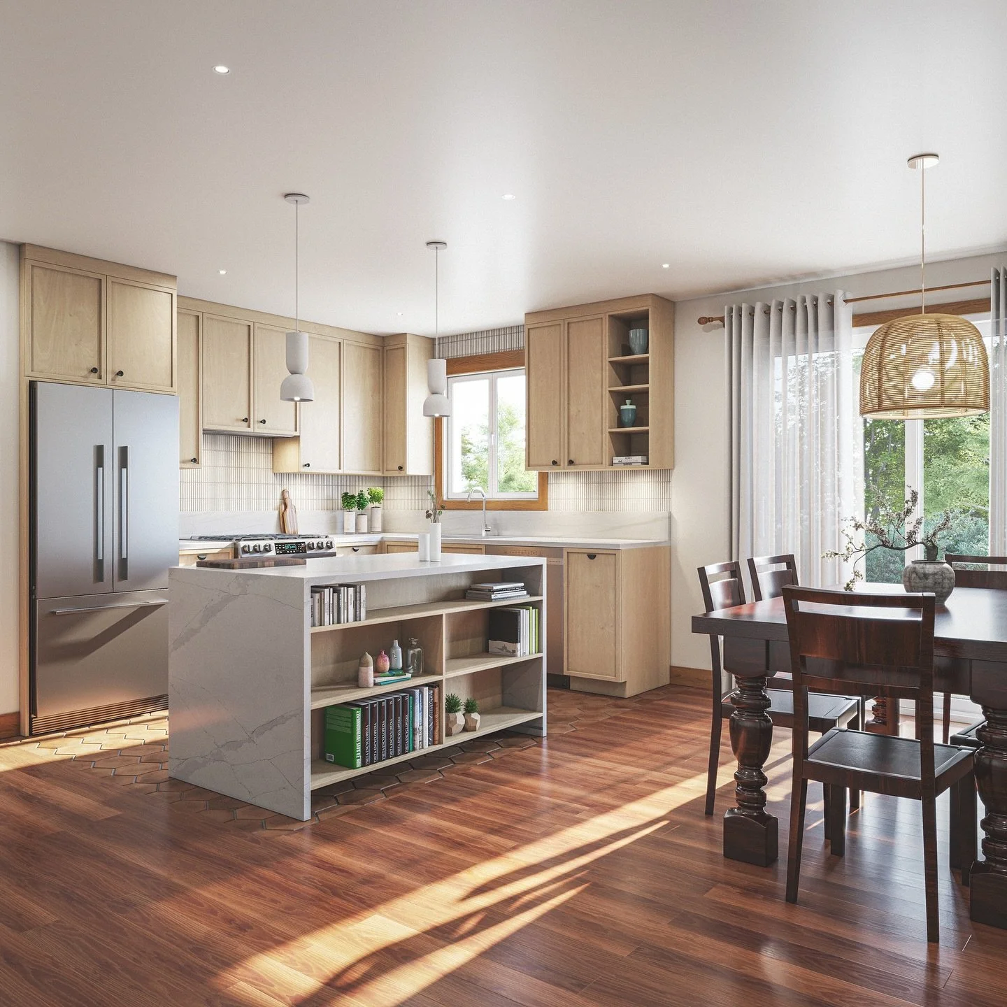 Bright kitchen with light wood cabinets, white island with open shelves, dark wood dining table with chairs, large windows with sheer curtains, hardwood flooring, and modern pendant lights.