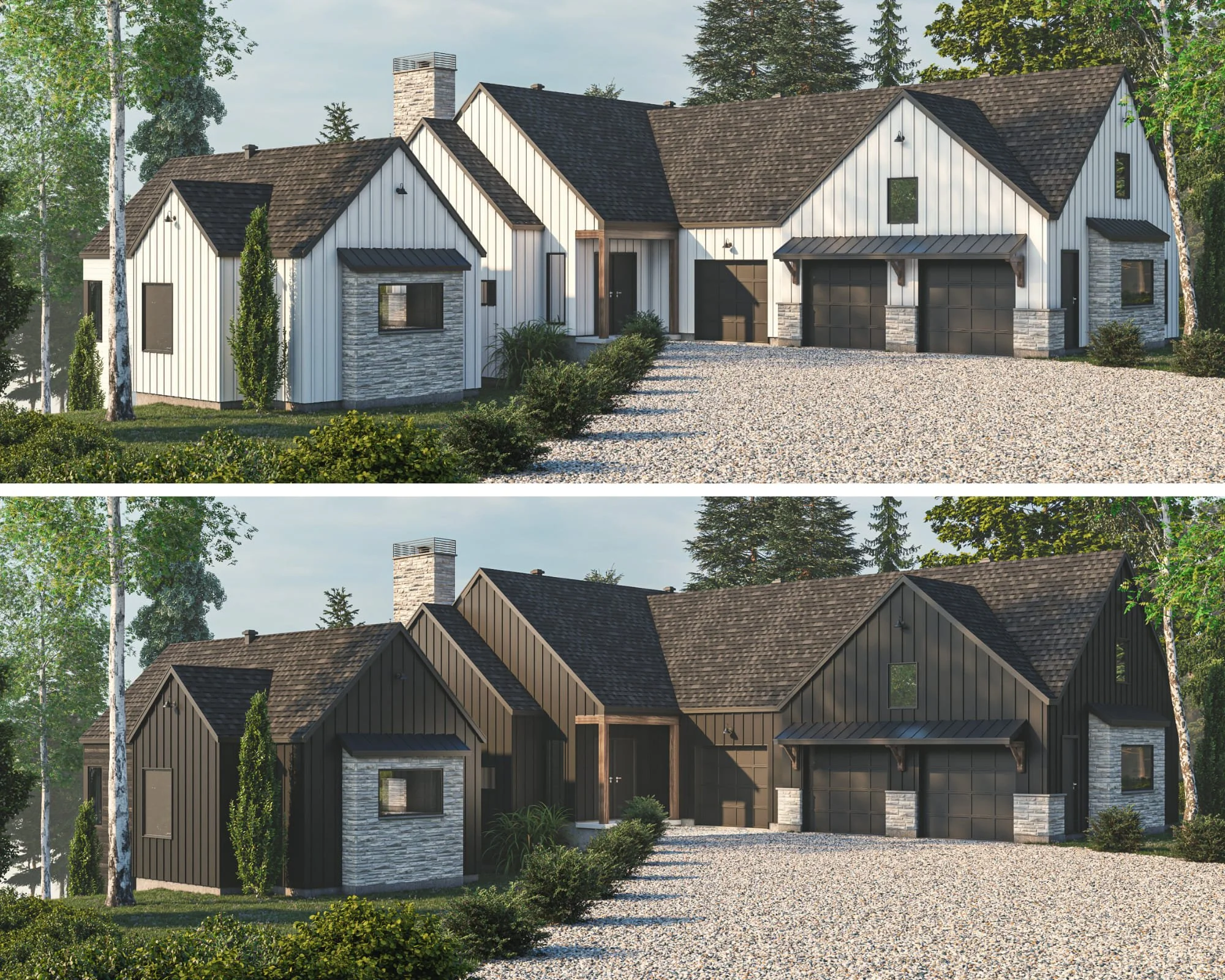 Comparison of two images showing a modern house in a wooded area, with the top image in daylight with light siding, and the bottom image in daylight with dark siding.