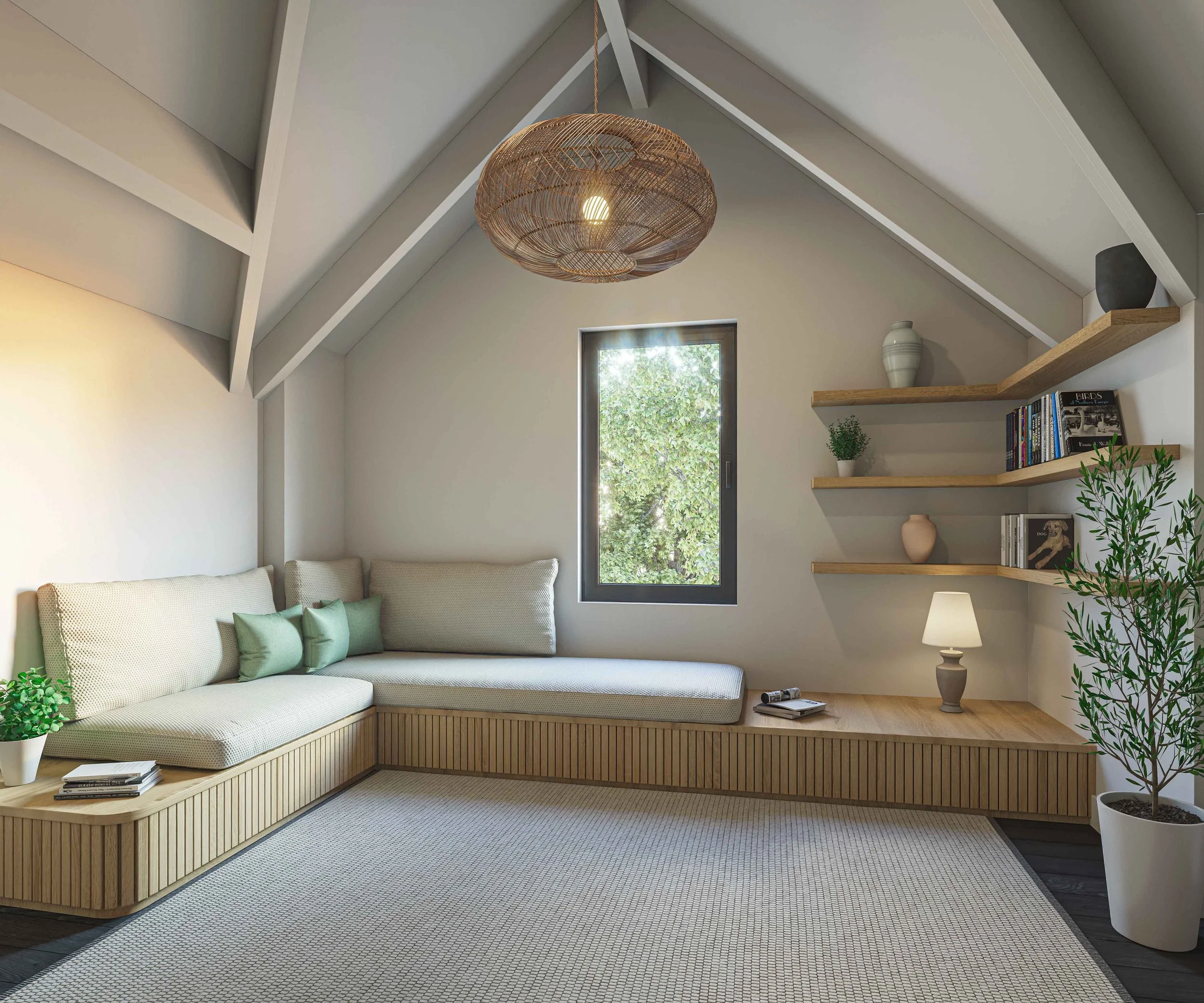 Cozy living room with a built-in corner sofa with cushions, a small wooden side table, and open wooden shelves with decorative items, large window, and a hanging wicker light fixture.