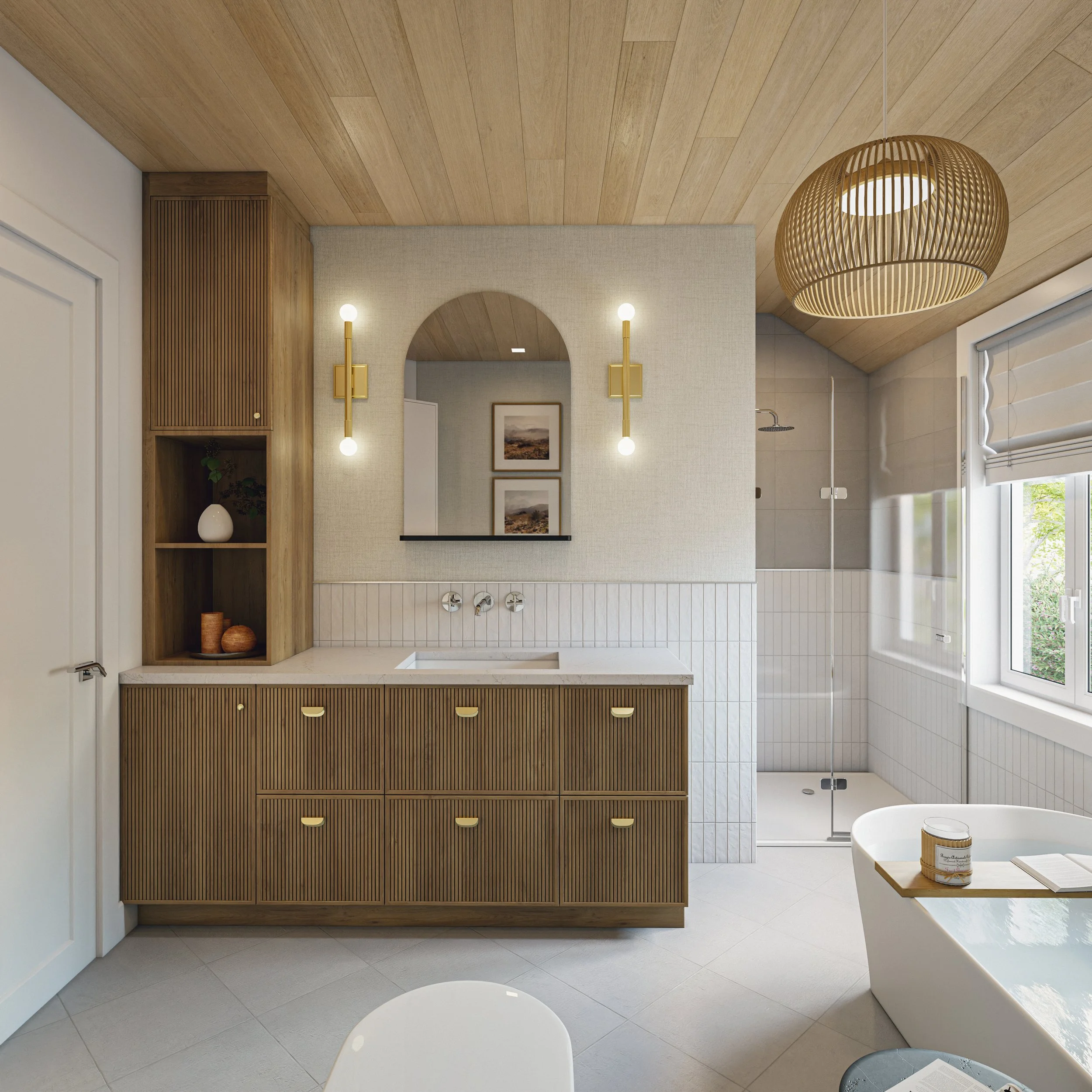 Modern bathroom with wood accents, a vanity with a marble countertop, a large mirror, wall sconces, a walk-in shower, and a bathtub near a window with a view of greenery.
