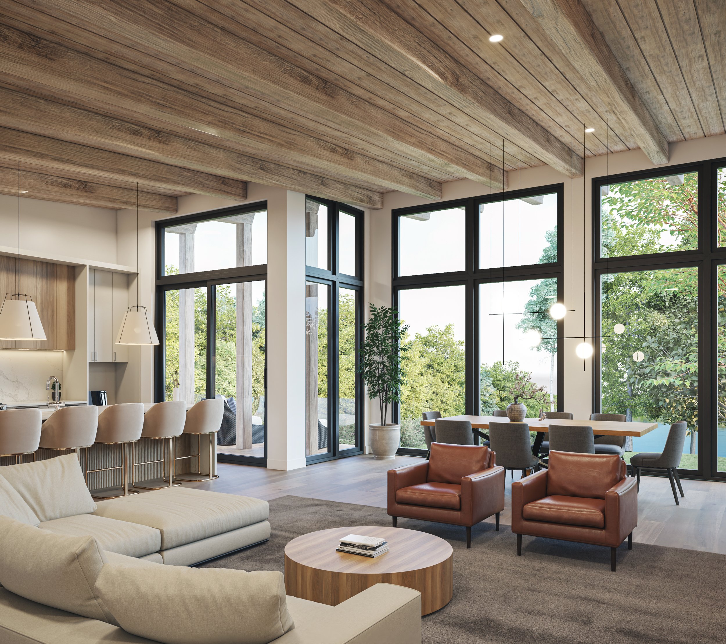 Modern living room with large floor-to-ceiling windows, wooden ceiling, beige sofa, brown leather armchairs, and a dining table with chairs, overlooking greenery.