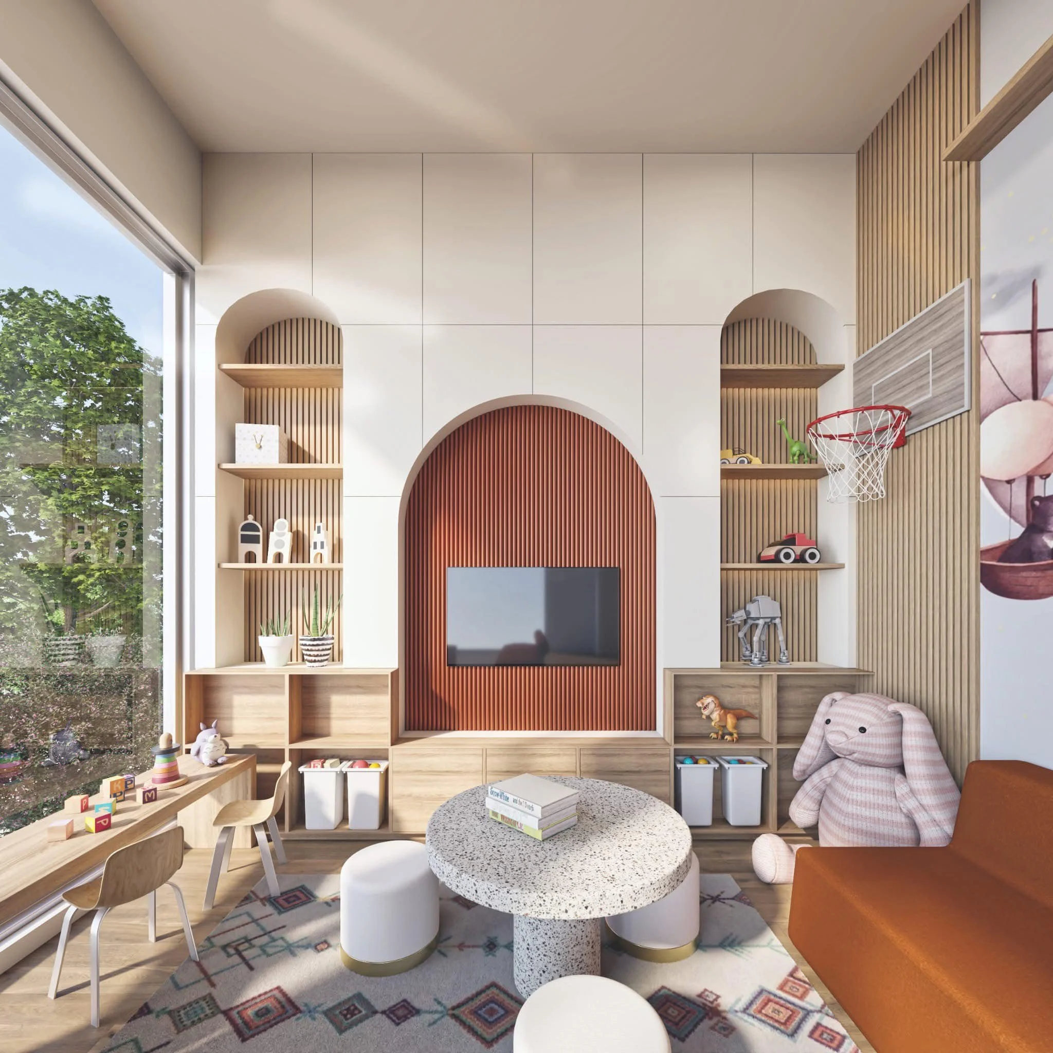 Modern children's playroom with built-in shelving, a wall-mounted TV, a basketball hoop, toys, plush bunny, and natural light from large windows.
